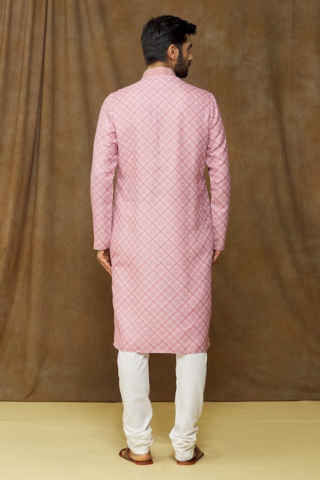 Shop_Arihant Rai Sinha_Pink Cotton, Chanderi Silk Embroidery Floral-geometric Print Kurta Set _at_Aza_Fashions