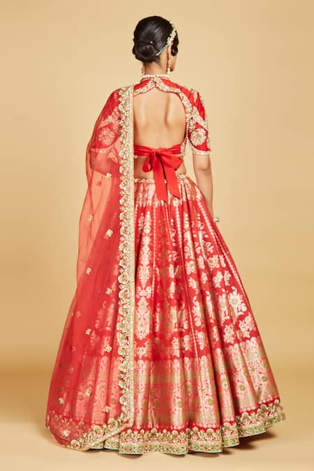 Shop_Amrin Khan_Red Blouse And Lehenga Pure Banarasi Silk, Dupatta Floral Work Bridal Set _at_Aza_Fashions