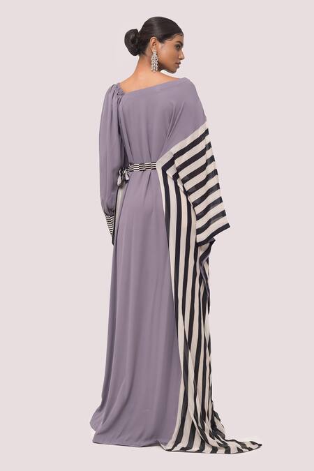 Shop Onaya Purple Georgette Asymmetric Stripe Print Sleeve Gown at Aza Fashions Shop_Onaya_Purple Georgette Asymmetric Stripe Print Sleeve Gown_at_Aza_Fashions