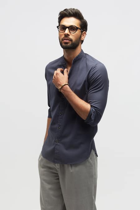 Shop Terra Luna Blue 100% Organic Handloom Cotton Solid Shirt at Aza Fashions Shop_Terra Luna_Blue 100% Organic Handloom Cotton Solid Shirt _at_Aza_Fashions