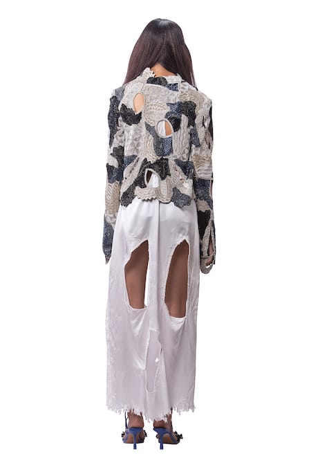 Shop AK-OK Blue Cotton, Lycra Beads Open Neck Embroidered Cut-out Jacket at Aza Fashions Shop_AK-OK_Blue Cotton, Lycra Beads Open Neck Embroidered Cut-out Jacket _at_Aza_Fashions