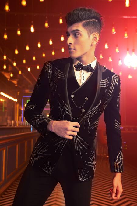 Shop_Kora By Nilesh Mitesh_Black Velvet Embellished Abstract Patterns Embroidered Tuxedo Suit Set _at_Aza_Fashions