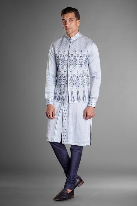 Shop More Mischief Blue Silk, Linen Embroidery Floral Bundi at Aza Fashions Shop_More Mischief_Blue Silk, Linen Embroidery Floral Bundi_at_Aza_Fashions