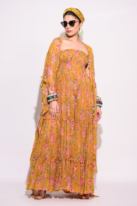 Shop Aangan By Parul Yellow Chiffon Embroidery Square Neck Floral Print Jumpsuit With Shrug at Aza Fashions Shop_Aangan By Parul_Yellow Chiffon Embroidery Square Neck Floral Print Jumpsuit With Shrug _at_Aza_Fashions