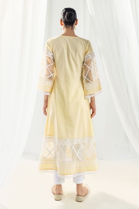 Shop Roze Yellow Cotton, Organza Lace V-neck Embellished Kurta Set at Aza Fashions Shop_Roze_Yellow Cotton, Organza Lace V-neck Embellished Kurta Set _at_Aza_Fashions