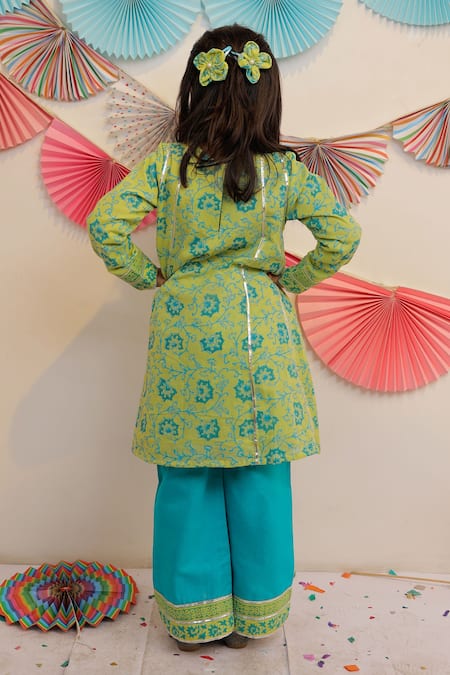 Shop_Tiny Colour_Green Cotton, Muslin Gota Patti Garden Blossom Print Kurta With Pant _at_Aza_Fashions