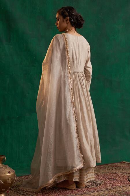 Shop Rekha Agra Grey Chanderi, Dupatta Organza Mukaish, Sequin And Zari Embroidered Anarkali Set at Aza Fashions Shop_Rekha Agra_Grey Chanderi, Dupatta Organza Mukaish, Sequin And Zari Embroidered Anarkali Set _at_Aza_Fashions