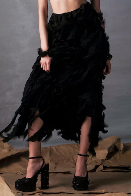 Shop AK-OK Black Satin Silk Layered Skirt at Aza Fashions Shop_AK-OK_Black Satin Silk Layered Skirt _at_Aza_Fashions