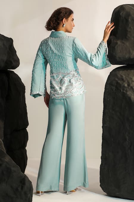 Shop_Jade By Ashima_Blue Crepe Cut Work, Sequins Shawl Neck Kai Hand Embroidered Jacket With Pant _at_Aza_Fashions
