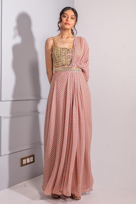 Shop Ria Shah Label Multi Color Polyester Embroidery Floral Print Pant Saree With Bustier at Aza Fashions Shop_Ria Shah Label_Multi Color Polyester Embroidery Floral Print Pant Saree With Bustier _at_Aza_Fashions