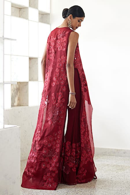Shop_Mishru_Red Organza, Georgette Embroidery, Beads Leyla Floral Curve Jacket Pant Set _at_Aza_Fashions