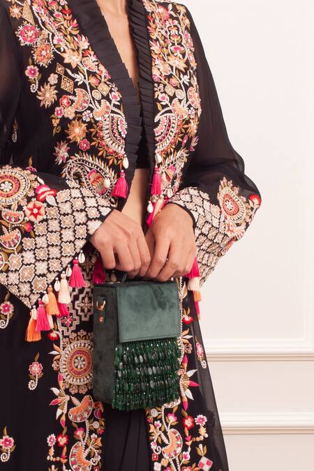 Shop Forever Noor Green Beads, Crystals Embellished Box Bag at Aza Fashions Shop_Forever Noor_Green Beads, Crystals Embellished Box Bag _at_Aza_Fashions