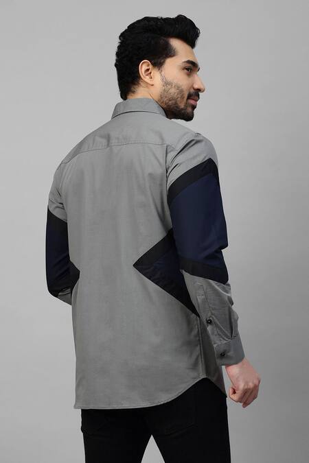 Shop_Echke_Grey Cotton Blend Arrow Pattern Shirt _at_Aza_Fashions