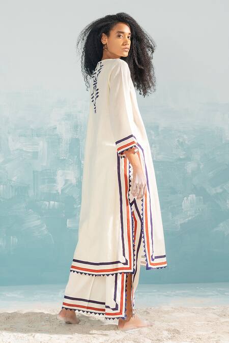 Shop_Ikai by Ragini Ahuja_Ivory Cotton Silk Chanderi Applique Round Nile Mild A-line Tunic  _at_Aza_Fashions