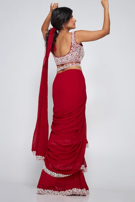 Shop Asaga Maroon Silk, Georgette Embroidery Square Neck Keva Pre-draped Saree at Aza Fashions Shop_Asaga_Maroon Silk, Georgette Embroidery Square Neck Keva Pre-draped Saree _at_Aza_Fashions