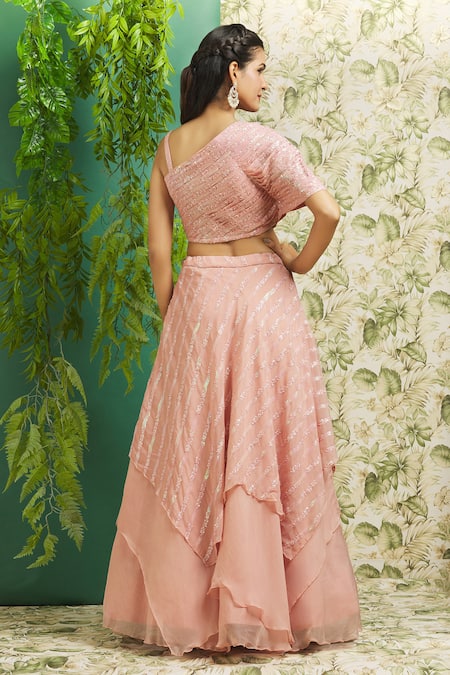 Shop_Aariyana Couture_Peach Organza, Linen, Crepe Embroidery, Floral Stripe Pattern Lehenga Set _at_Aza_Fashions