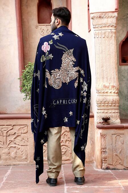Shop Dusala Blue Embroidered Capricorn Sequin Pipe Shawl at Aza Fashions Shop_Dusala_Blue Embroidered Capricorn Sequin Pipe Shawl_at_Aza_Fashions