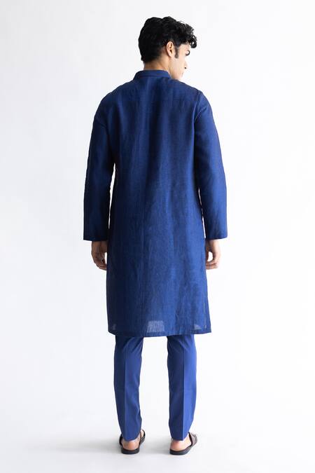 Shop Kaha Blue Linen Folded Patti Detail Elysian Contrast Kurta at Aza Fashions Shop_Kaha_Blue Linen Folded Patti Detail Elysian Contrast Kurta_at_Aza_Fashions