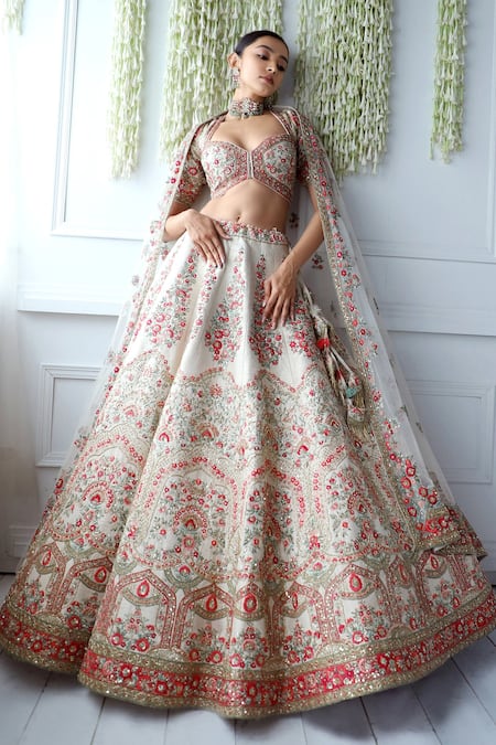 Shop Pallavi Poddar Ivory Silk, Tulle Zari, Applique, Embroidery Rohini Resham Bridal Lehenga Set at Aza Fashions Shop_Pallavi Poddar_Ivory Silk, Tulle Zari, Applique, Embroidery Rohini Resham Bridal Lehenga Set _at_Aza_Fashions
