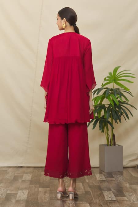 Shop Samyukta Singhania Red Crepe Cut Work, Embroidery Round Neck Pleated Short Tunic And Pant Set at Aza Fashions Shop_Samyukta Singhania_Red Crepe Cut Work, Embroidery Round Neck Pleated Short Tunic And Pant Set _at_Aza_Fashions