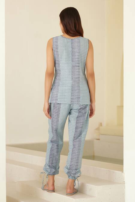 Buy Cotton And Clay Blue Chanderi, Modal Embroidery Round Neck Hand Block Print Kimono Trouser Set Online at Aza Fashions Buy_Cotton And Clay_Blue Chanderi, Modal Embroidery Round Neck Hand Block Print Kimono Trouser Set _Online_at_Aza_Fashions