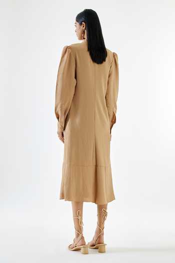Shop Echostudio Beige Crepe Embroidery Shawl Neck Abstract Thread Work Dress at Aza Fashions Shop_Echostudio_Beige Crepe Embroidery Shawl Neck Abstract Thread Work Dress _at_Aza_Fashions