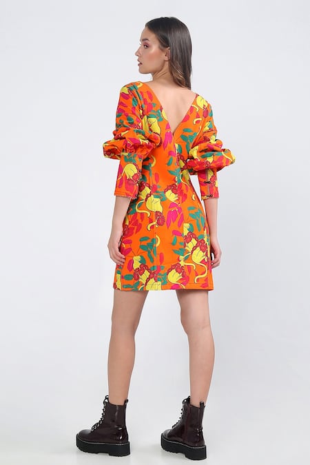 Shop_Ekastories_Orange Cotton V-neck Coral Cat Print Dress _at_Aza_Fashions