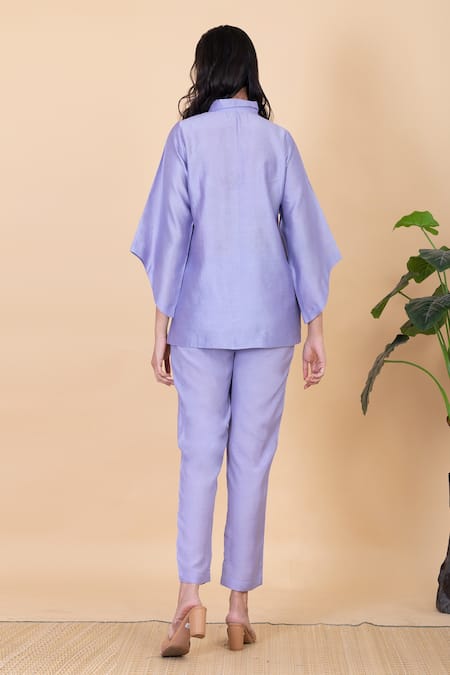 Shop_Chambray & CO._Purple Silk Embroidery Collared Anae Flower Shirt And Pant Set _at_Aza_Fashions