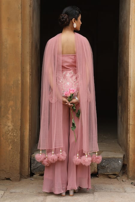 Shop_Nitisha Kashyap Official_Pink Georgette, Net, Silk Embroidery, Floral Jaal Peplum Kurta Sharara Set _at_Aza_Fashions
