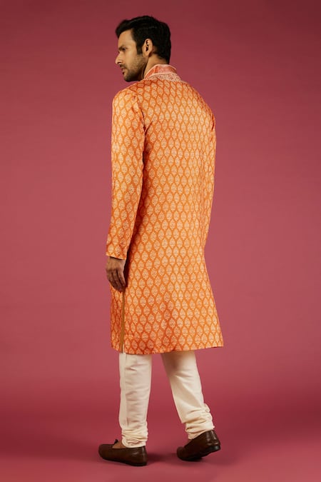 Shop Krishna Mehta Orange Tussar Printed Floral Flower Block Kurta Set at Aza Fashions Shop_Krishna Mehta_Orange Tussar Printed Floral Flower Block Kurta Set _at_Aza_Fashions