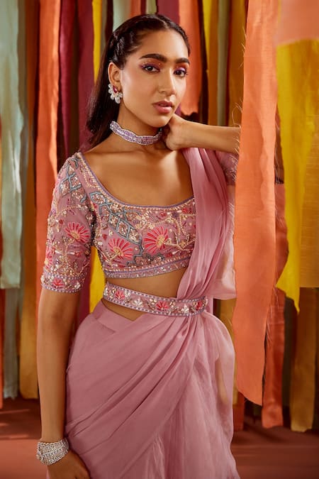 Shop Label Sanya Gulati Purple Organza, Georgette, Linen Pearls, Pre-draped Saree With Floral Blouse at Aza Fashions Shop_Label Sanya Gulati_Purple Organza, Georgette, Linen Pearls, Pre-draped Saree With Floral Blouse _at_Aza_Fashions
