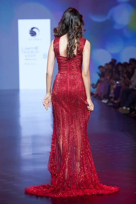 Shop_Saisha Shinde_Red Net Hand Embroidered Cutdana And Sequin V Neck Front Slit Gown  _at_Aza_Fashions
