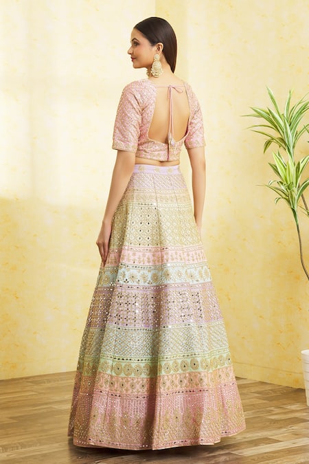Shop Vandana Sethi Multi Color Silk Tassels, Embroidery, Sequins, And Colorblock Bridal Lehenga Set at Aza Fashions Shop_Vandana Sethi_Multi Color Silk Tassels, Embroidery, Sequins, And Colorblock Bridal Lehenga Set _at_Aza_Fashions