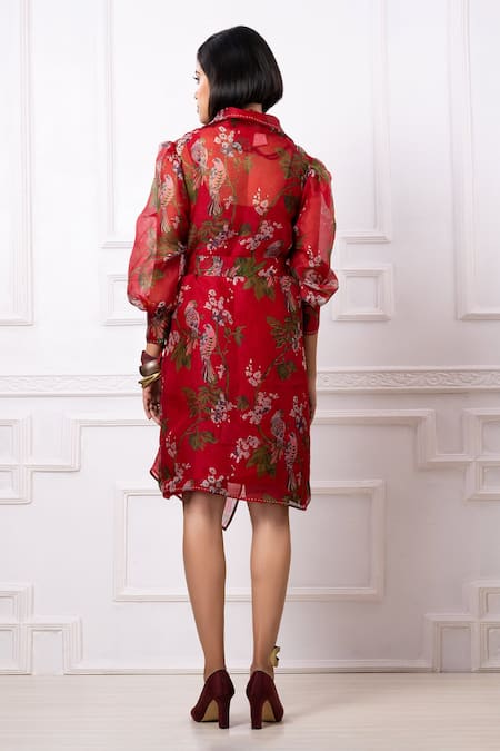 Shop Megha Garg Red Floral Print Jacket And Dress Set at Aza Fashions Shop_Megha Garg_Red Floral Print Jacket And Dress Set _at_Aza_Fashions