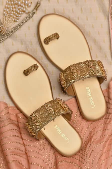 Coral Haze Gold Embroidered Toe Ring Flats 