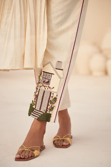 Shop Hirika & Dhruti Ivory Handloom Cotton Embroidery Round Neck Hand High Low Kurta And Pant Set at Aza Fashions Shop_Hirika & Dhruti_Ivory Handloom Cotton Embroidery Round Neck Hand High Low Kurta And Pant Set _at_Aza_Fashions