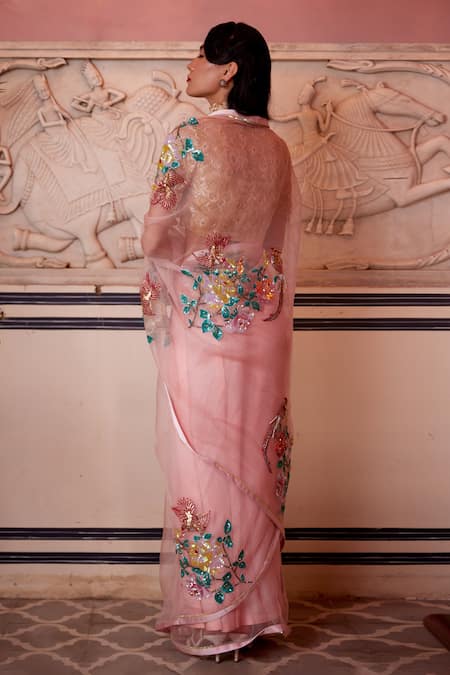 Shop_Atelier Shikaarbagh_Pink Embroidery Shell Sequin Saree  _at_Aza_Fashions