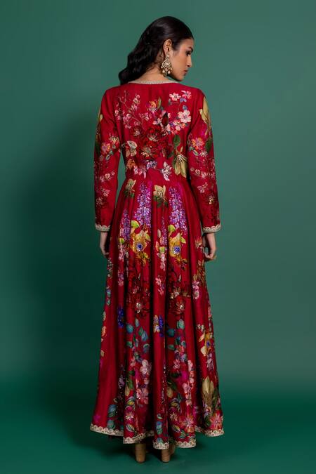 Shop_Varun Bahl_Fuchsia Chanderi Lace, Cut Work, Floral Print Anarkali Jacket And Pant Set _at_Aza_Fashions