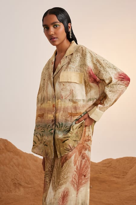 Shop_Cord_Beige Linen Embroidery Collared Botanical Print Shirt And Pant Set_at_Aza_Fashions