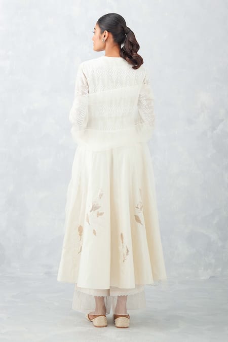 Shop Devnaagri Ivory Chanderi, Silk Organza Embroidery, Ikat Print Flared Anarkali Palazzo Set at Aza Fashions Shop_Devnaagri_Ivory Chanderi, Silk Organza Embroidery, Ikat Print Flared Anarkali Palazzo Set _at_Aza_Fashions