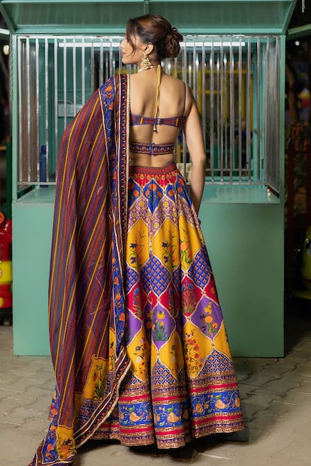 Shop_Irrau By Samir Mantri_Multi Color Organza, Denim Embroidery, Sequins, Gota Printed Panel Lehenga Set _at_Aza_Fashions