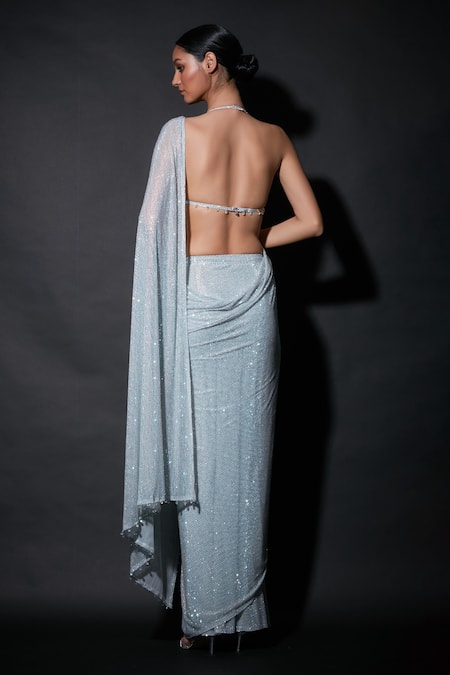 Itrh Silver Embellished Pre-Draped Saree & Blouse 