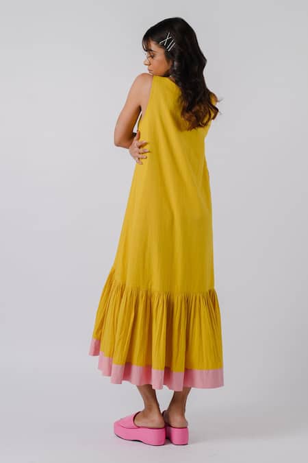 Shop Tussah By Siddhi Shah Yellow Cotton V-neck Tiered Dress at Aza Fashions Shop_Tussah By Siddhi Shah_Yellow Cotton V-neck Tiered Dress _at_Aza_Fashions
