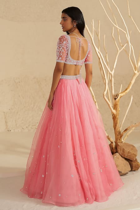 Shop_Zoon_Pink Net, Silk Organza Sequins, Cut Work, Embroidery Placement Hand Lehenga Set _at_Aza_Fashions