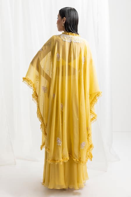 Seema Thukral Yellow Georgette, Organza, Crepe Pearls, Hand Embroidered Cape And Sharara Set Online at Aza Fashions Seema Thukral_Yellow Georgette, Organza, Crepe Pearls, Hand Embroidered Cape And Sharara Set _Online_at_Aza_Fashions