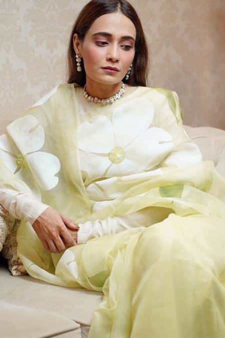 Meghstudio Hibiscus Flowers Hand Painted & Embroidered Saree 