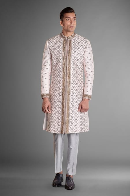 Shop More Mischief Pink Silk Zari Zardozi Embellished Sherwani at Aza Fashions Shop_More Mischief_Pink Silk Zari Zardozi Embellished Sherwani_at_Aza_Fashions
