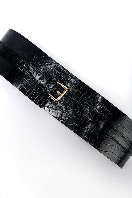 Shop Trov Black Luca Croc Embossed Belt at Aza Fashions Shop_Trov_Black Luca Croc Embossed Belt _at_Aza_Fashions