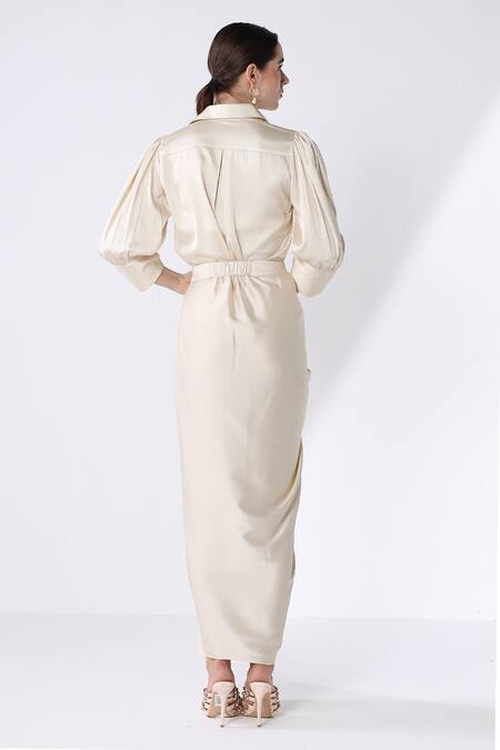 Shop Ashico Gold Satin Solid Collared Neck Shirt And Hand-draped Skirt Set at Aza Fashions Shop_Ashico_Gold Satin Solid Collared Neck Shirt And Hand-draped Skirt Set_at_Aza_Fashions