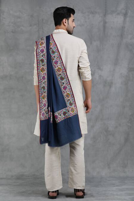 Shop Dusala Blue Hand Embroidery Handwoven Pashmina Patch Work Border Shawl at Aza Fashions Shop_Dusala_Blue Hand Embroidery Handwoven Pashmina Patch Work Border Shawl_at_Aza_Fashions